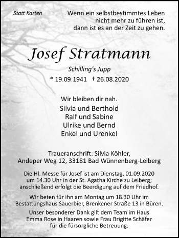 Traueranzeige von Josef Stratmann von Westfalen-Blatt