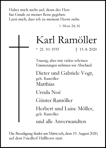 Traueranzeige von Karl Ramöller von Westfalen-Blatt