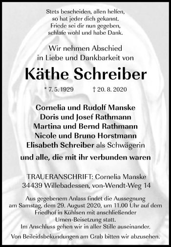 Traueranzeige von Käthe Schreiber von Westfalen-Blatt