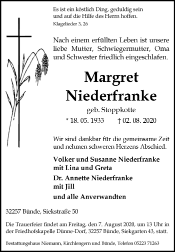 Traueranzeige von Margrert Niederfranke von Westfalen-Blatt