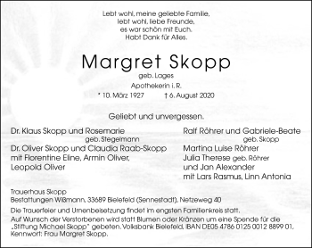 Traueranzeige von Margret Skopp von Westfalen-Blatt