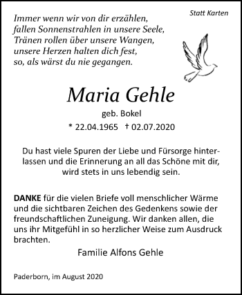 Traueranzeige von Maria Gehle von Westfalen-Blatt