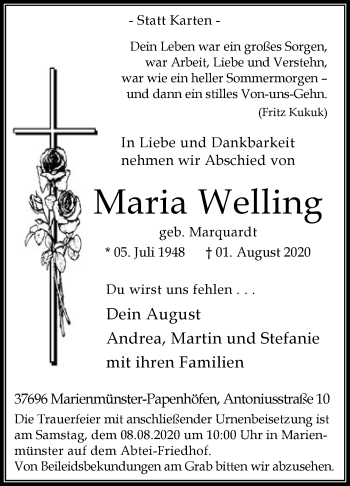 Traueranzeige von Maria Welling von Westfalen-Blatt