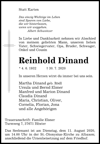 Traueranzeige von Reinhold Dinand von Westfalen-Blatt