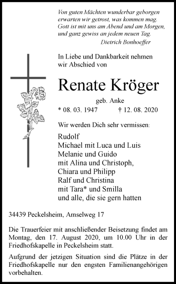 Traueranzeige von Renate Kröger von Westfalen-Blatt