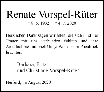 Traueranzeige von Renate Vorspel-Rüter von Westfalen-Blatt