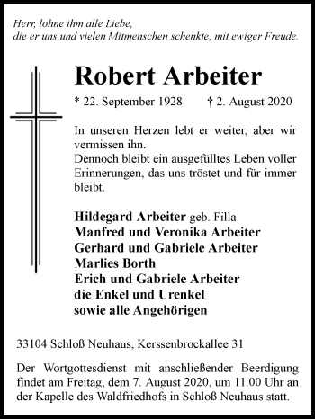 Traueranzeige von Robert Arbeiter von Westfalen-Blatt