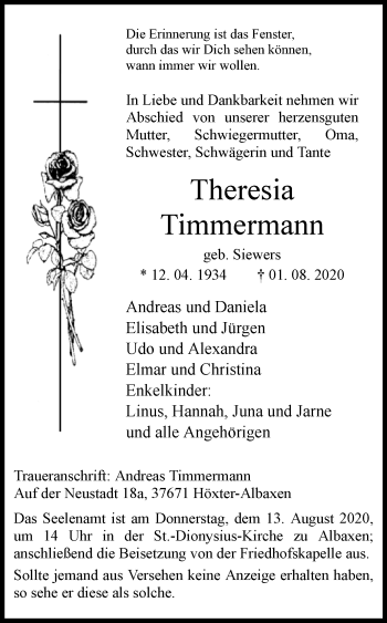 Traueranzeige von Theresia Timmermann von Westfalen-Blatt