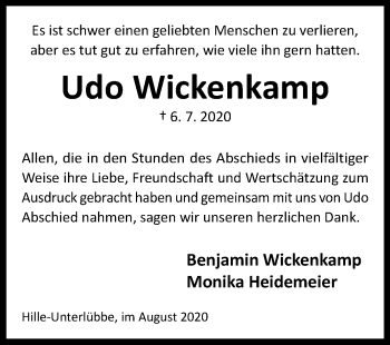 Traueranzeige von Udo Wickenkamp von Westfalen-Blatt