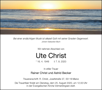 Traueranzeige von Ute Christ von Westfalen-Blatt