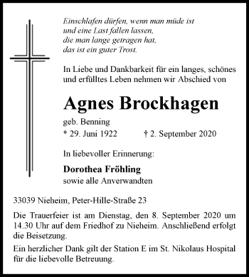 Traueranzeige von Agnes Brockhagen von Westfalen-Blatt