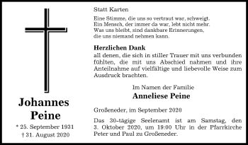 Traueranzeige von Johannes Peine von Westfalen-Blatt