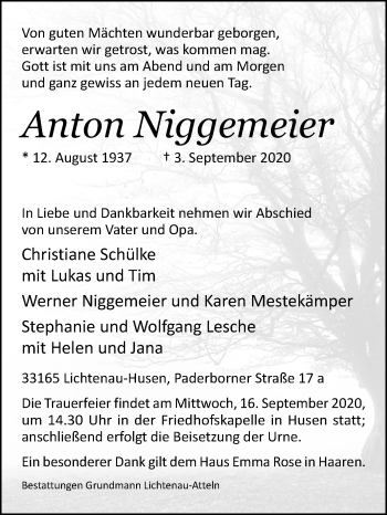 Traueranzeige von Anton Niggemeier von Westfalen-Blatt