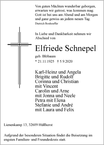 Traueranzeige von Elfriede Schnepel von Westfalen-Blatt