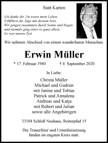 Traueranzeige von Erwin Müller von Westfalen-Blatt