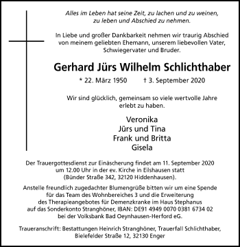 Traueranzeige von Gerhard Jürs Wilhelm Schlichthaber von Westfalen-Blatt