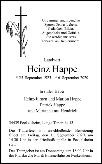 Traueranzeige von Heinz Happe von Westfalen-Blatt