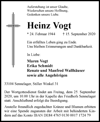 Traueranzeige von Heinz Vogt von Westfalen-Blatt