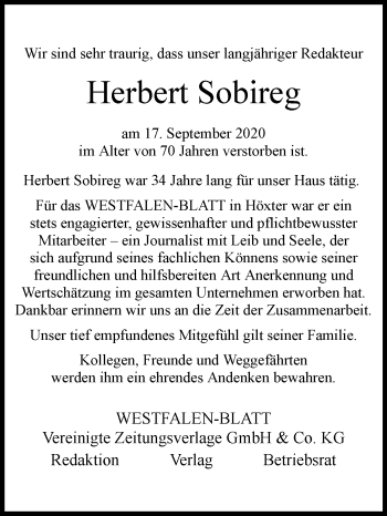 Traueranzeige von Herbert Sobireg von Westfalen-Blatt