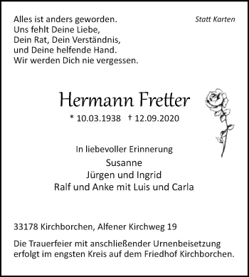 Traueranzeige von Hermann Fretter von Westfalen-Blatt