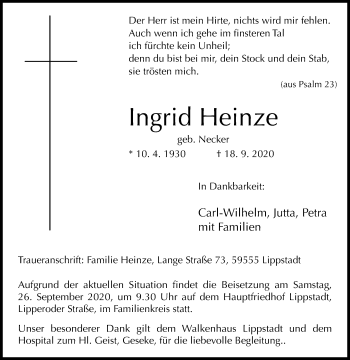 Traueranzeige von Ingrid Heinze von Westfalen-Blatt