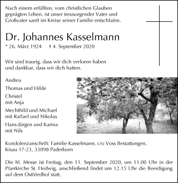 Traueranzeige von Johannes Kasselmann von Westfalen-Blatt