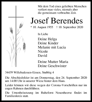 Traueranzeige von Josef Berendes von Westfalen-Blatt