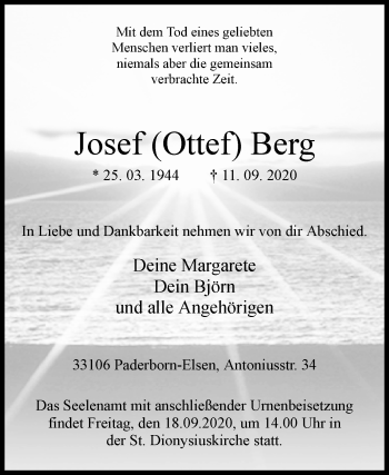 Traueranzeige von Josef  Berg von Westfalen-Blatt