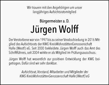 Traueranzeige von Jürgen Wolff von Westfalen-Blatt