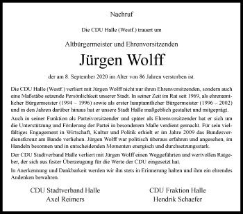 Traueranzeige von Jürgen Wolff von Westfalen-Blatt