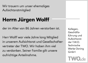 Traueranzeige von Jürgen Wolff von Westfalen-Blatt