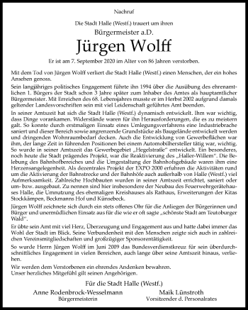 Traueranzeige von Jürgen Wolff von Westfalen-Blatt