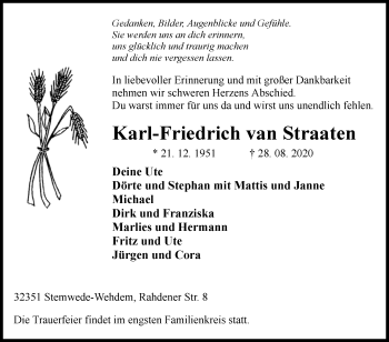 Traueranzeige von Karl-Friedrich van Straaten von Westfalen-Blatt