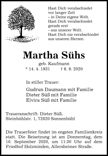 Traueranzeige von Martha Sühs von Westfalen-Blatt