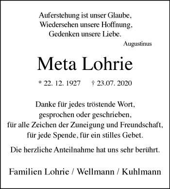 Traueranzeige von Meta Lohrie von Westfalen-Blatt