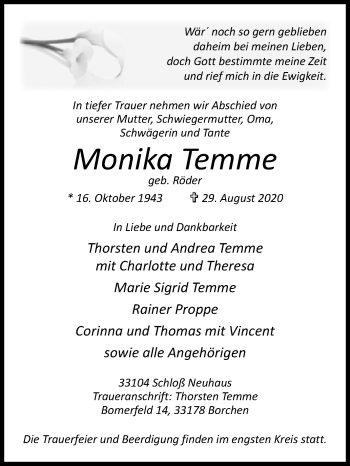 Traueranzeige von Monika Temme von Westfalen-Blatt