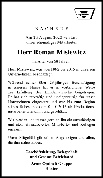 Traueranzeige von Roman Misiewicz von Westfalen-Blatt