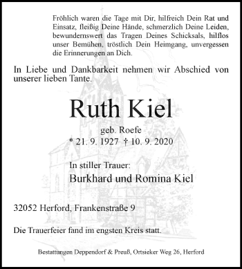 Traueranzeige von Ruth Kiel von Westfalen-Blatt