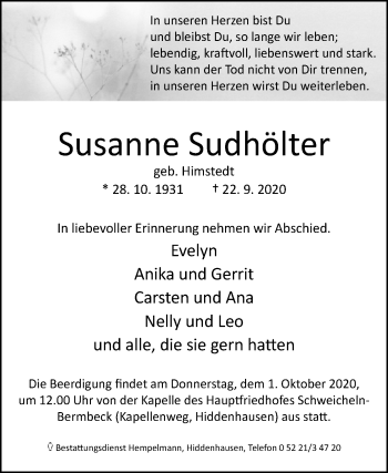 Traueranzeige von Susanne Sudhölter von Westfalen-Blatt