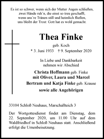 Traueranzeige von Thea Finke von Westfalen-Blatt