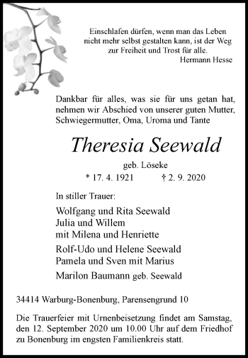 Traueranzeige von Theresia Seewald von Westfalen-Blatt