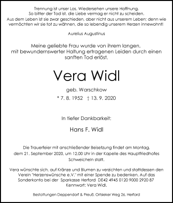 Traueranzeige von Vera Widl von Westfalen-Blatt