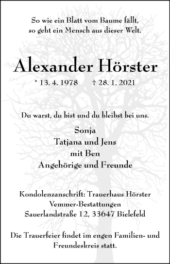 Traueranzeige von Alexander Hörster von Westfalen-Blatt