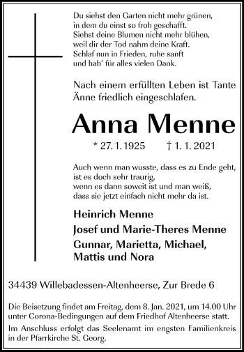 Traueranzeige von Anna Menne von Westfalen-Blatt