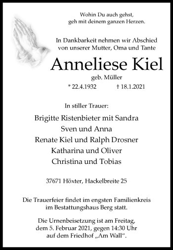 Traueranzeige von Anneliese Kiel von Westfalen-Blatt