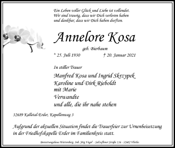 Traueranzeige von Annelore Kosa von Westfalen-Blatt