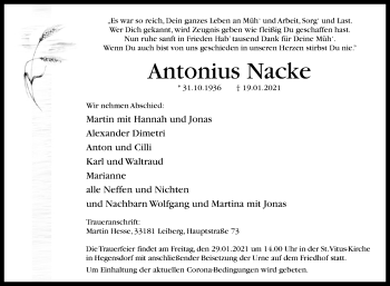 Traueranzeige von Antonius Nacke von Westfalen-Blatt