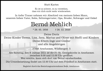 Traueranzeige von Bernd Mehlich von Westfalen-Blatt