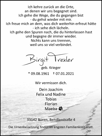 Traueranzeige von Birgit Trexler von Westfalen-Blatt