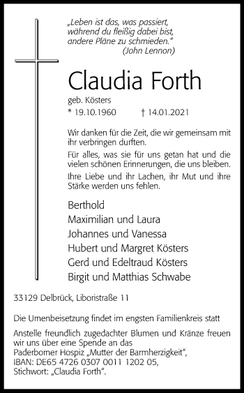 Traueranzeige von Claudia Forth von Westfalen-Blatt